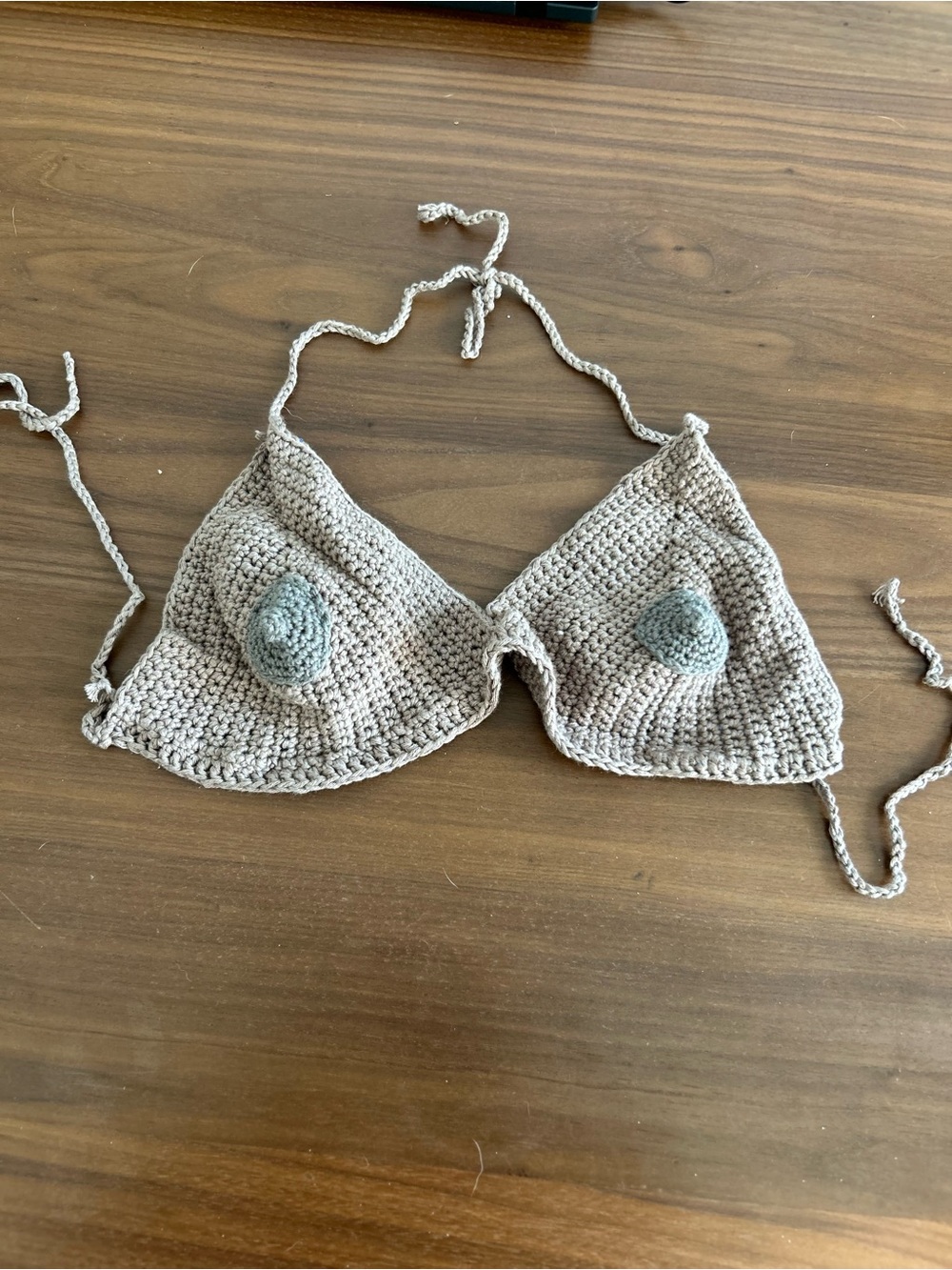 Handmade Crochet Triangle Bralette - Light Taupe with Gray Accents